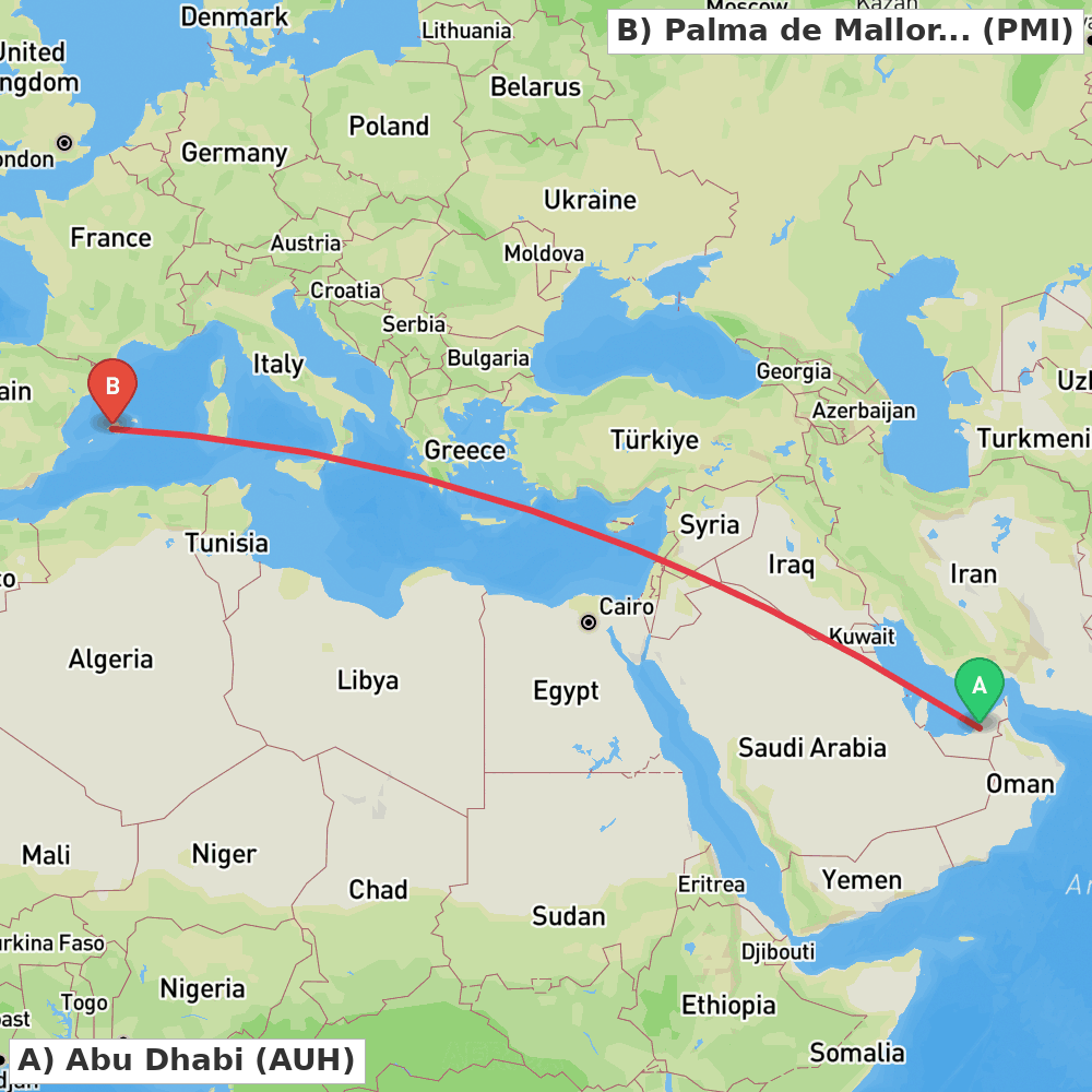 Flight route map from Abu Dhabi to Palma de Mallorca