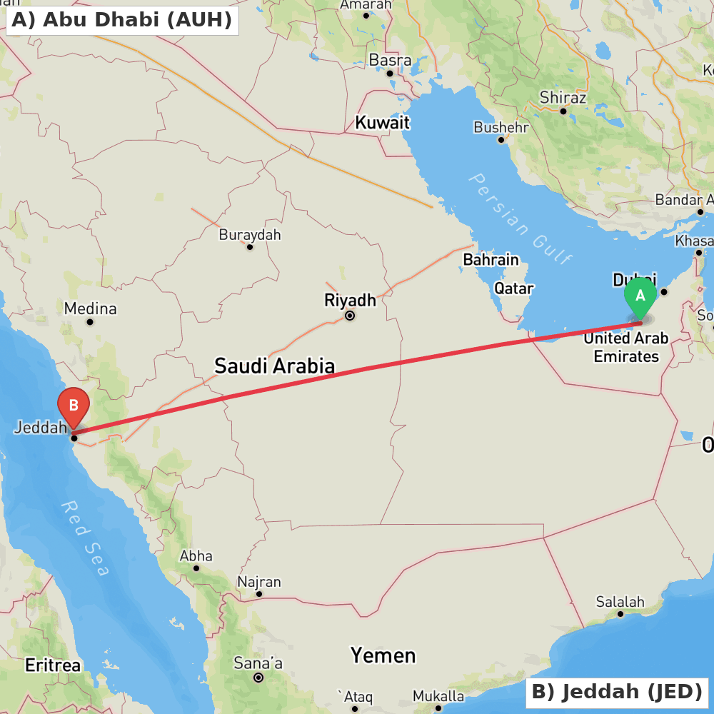 Flight route map from Abu Dhabi to Jeddah