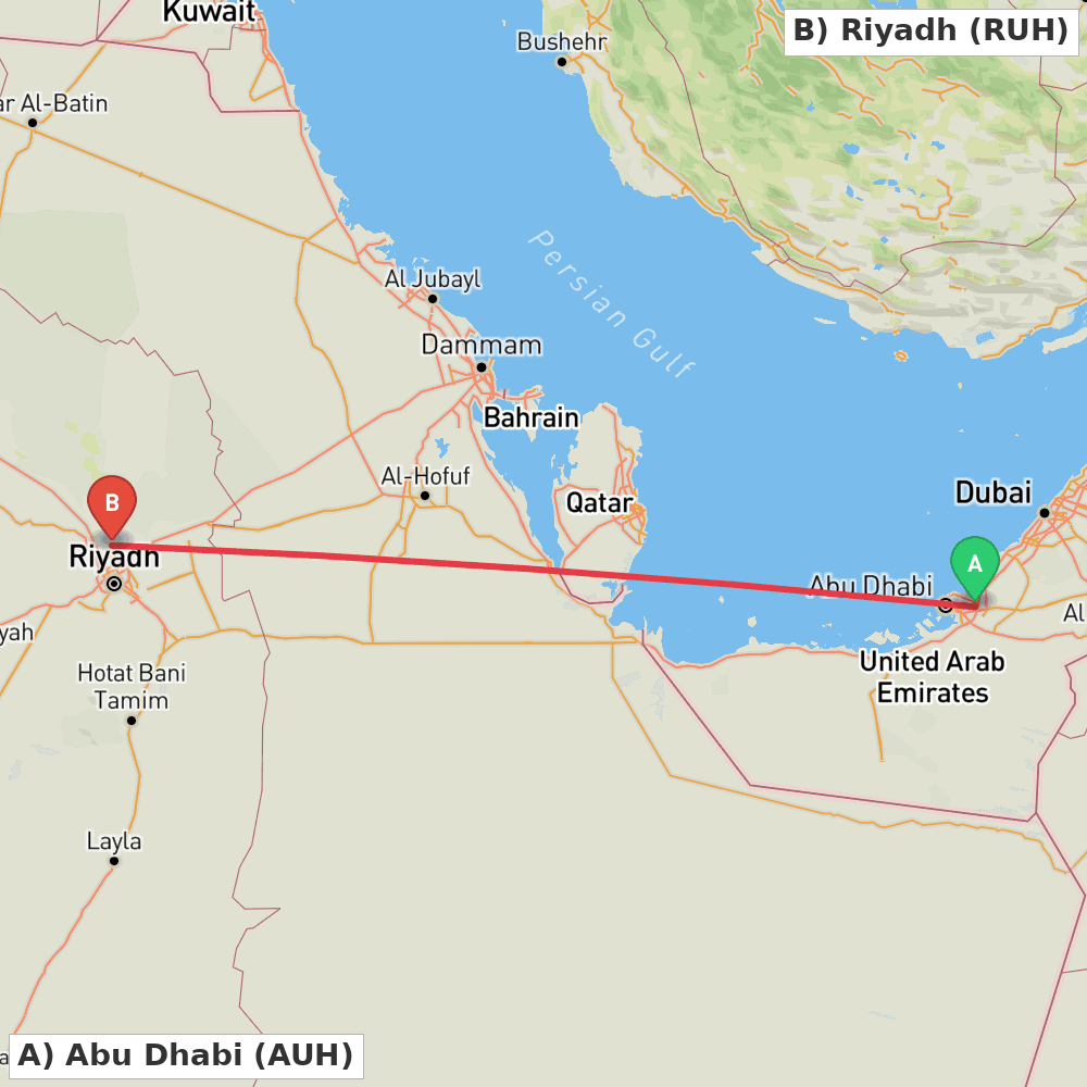 Flight route map from Abu Dhabi to Riyadh