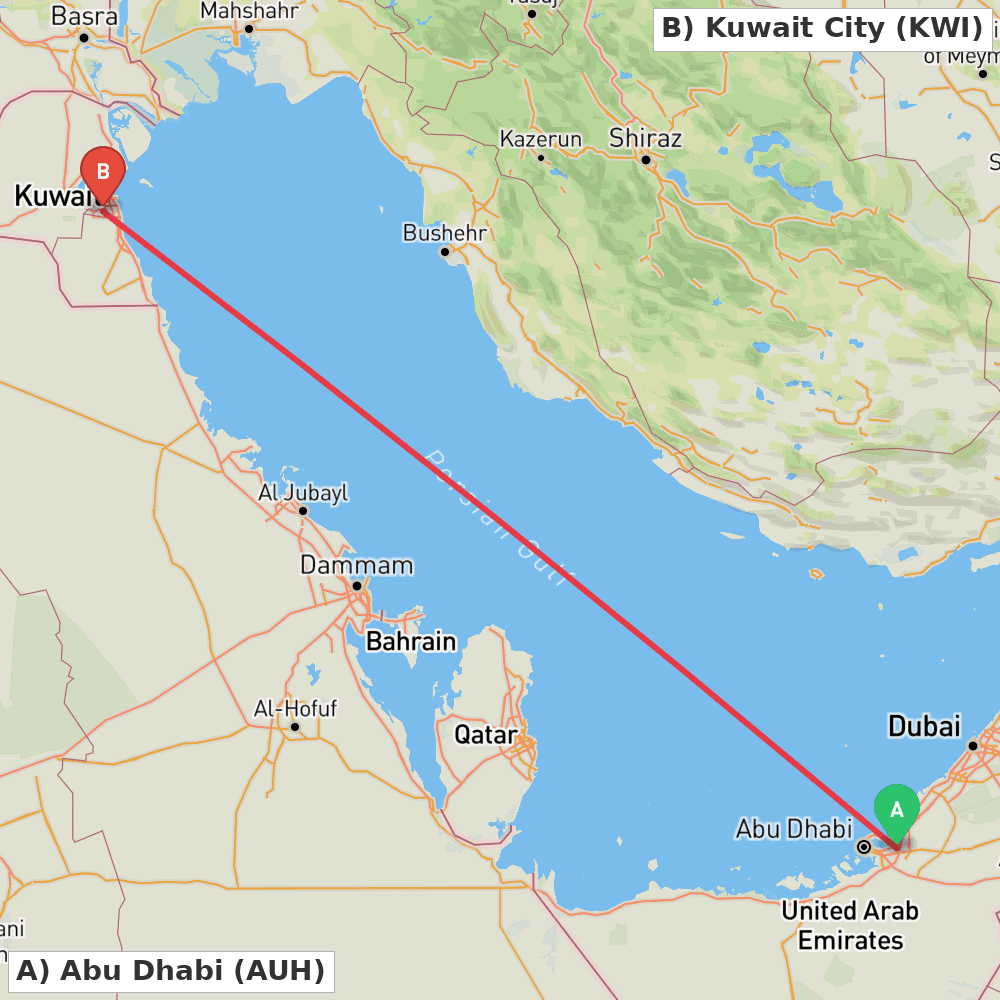 Flight route map from Abu Dhabi to Kuwait City