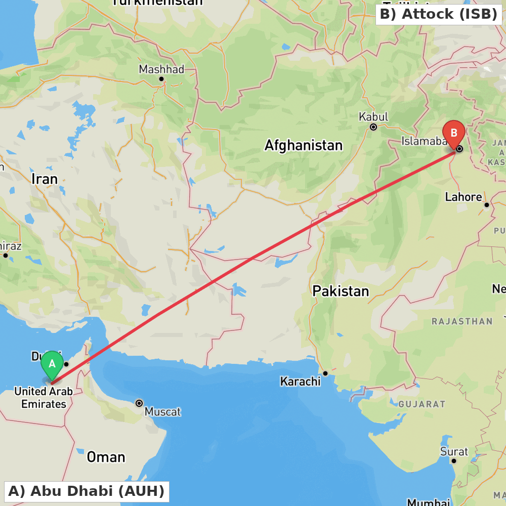 Flight route map from Abu Dhabi to Attock
