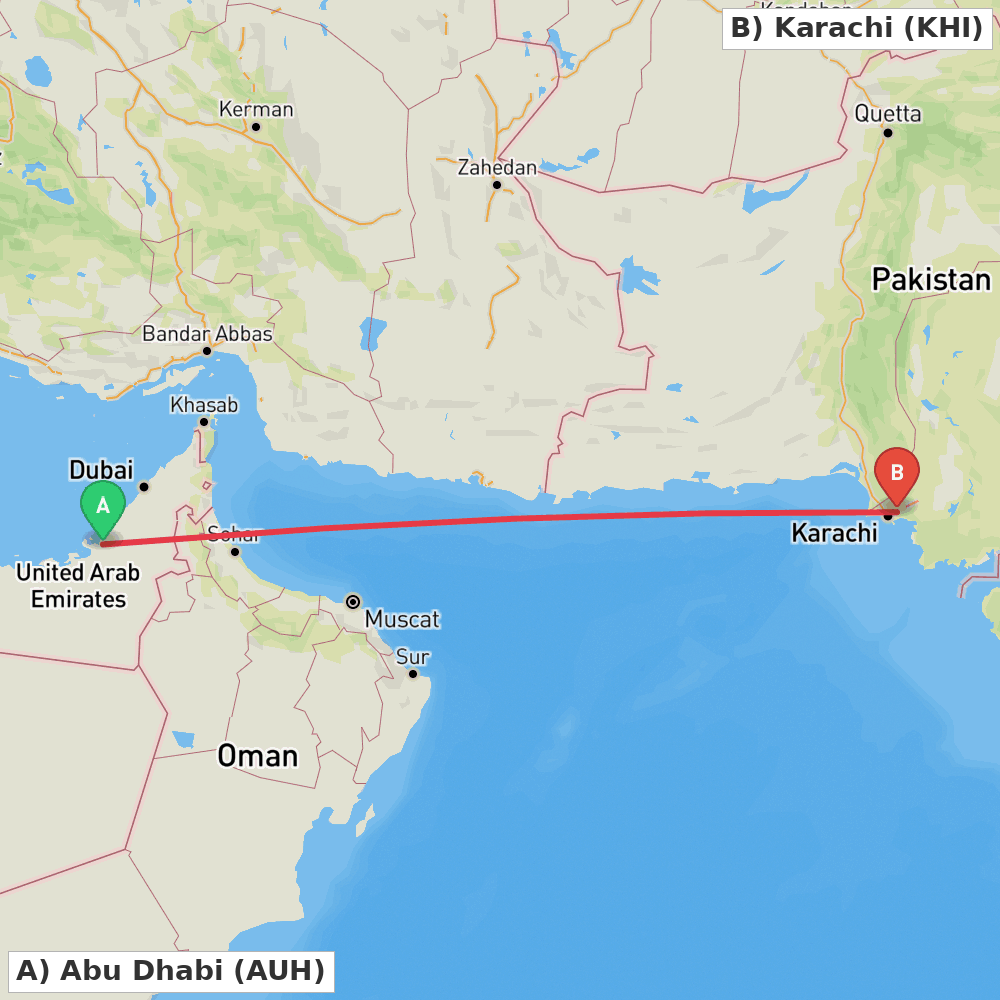 Flight route map from Abu Dhabi to Karachi