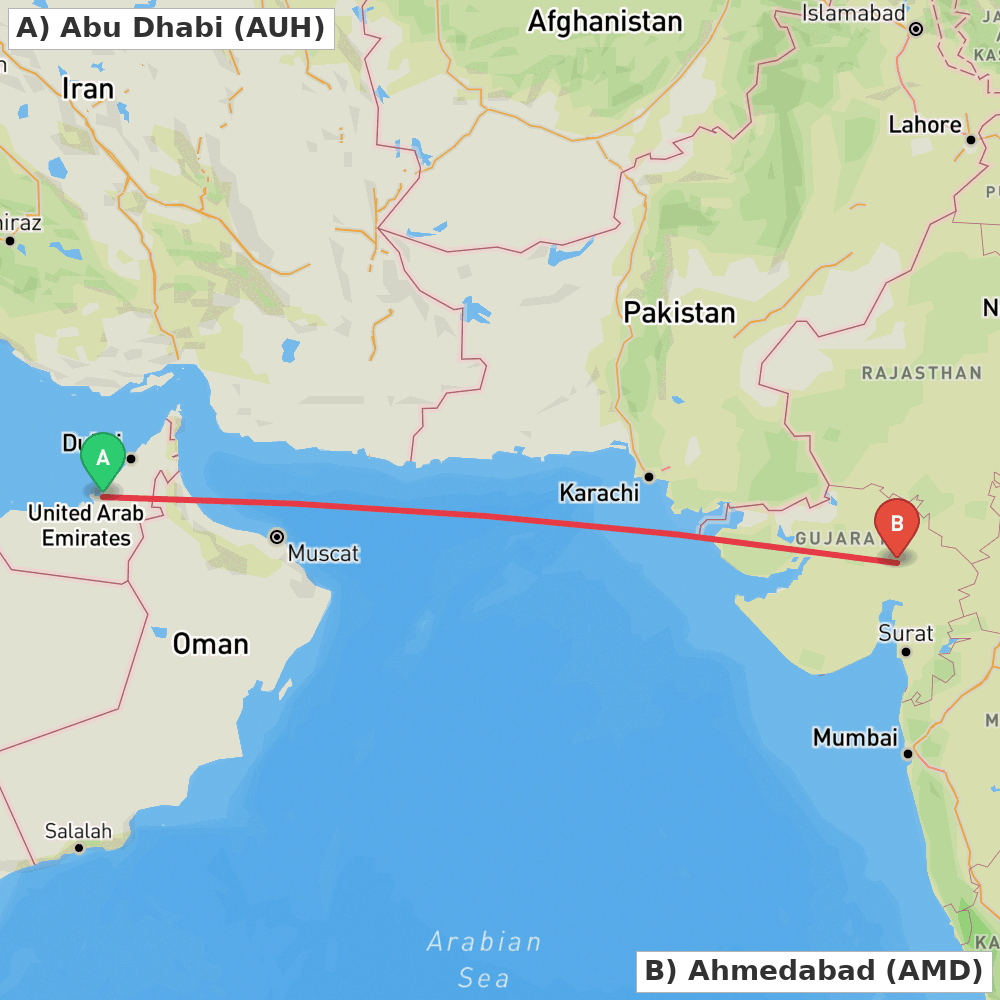 Flight route map from Abu Dhabi to Ahmedabad