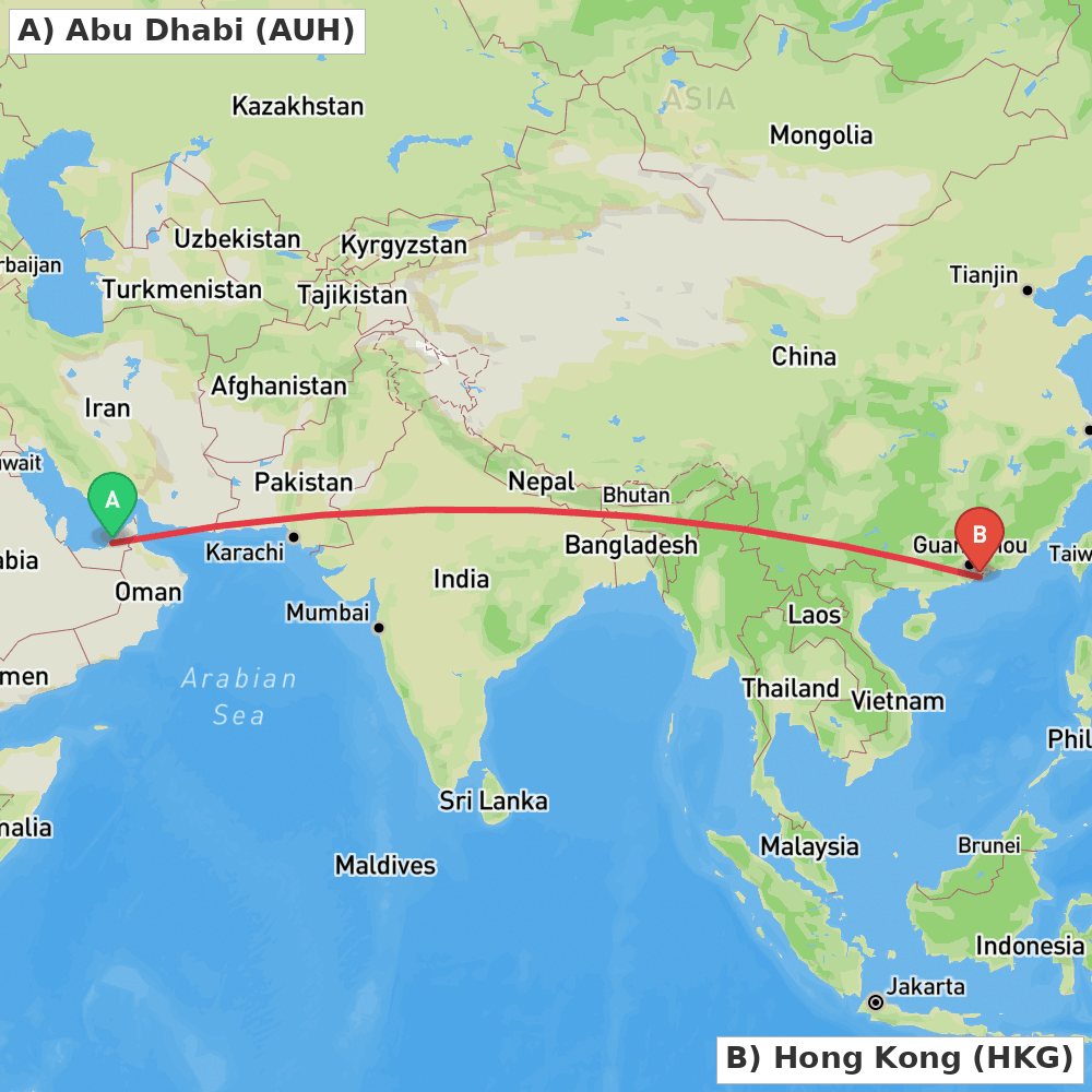 Flight route map from Abu Dhabi to Hong Kong