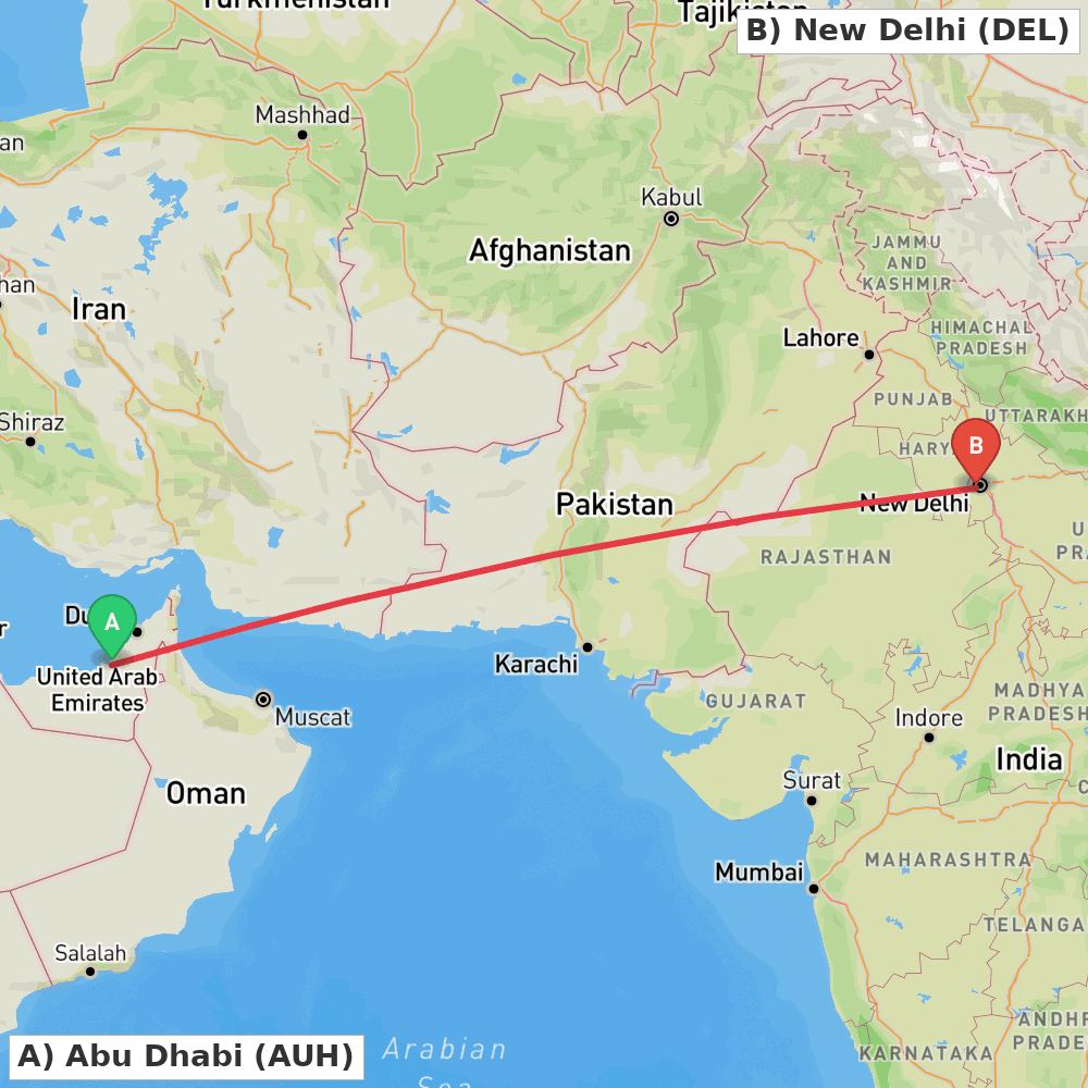 Flight route map from Abu Dhabi to New Delhi