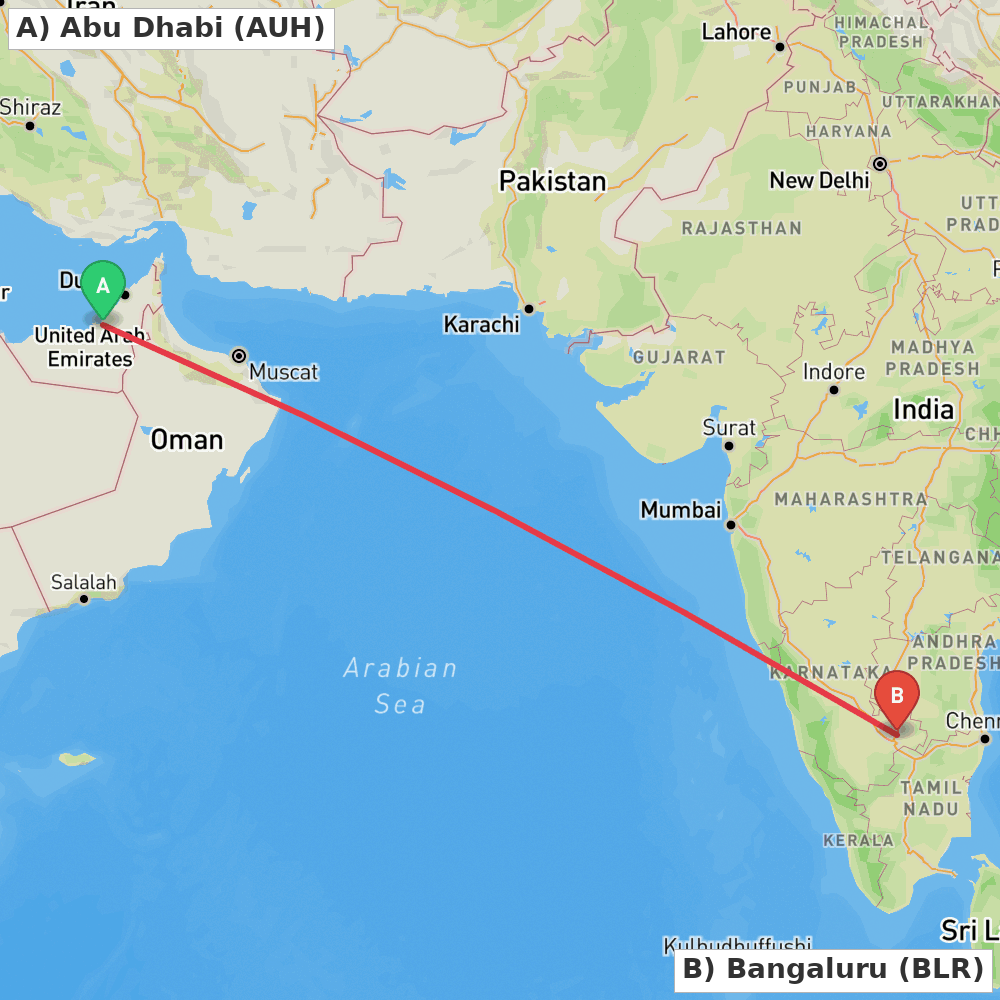 Flight route map from Abu Dhabi to Bangaluru