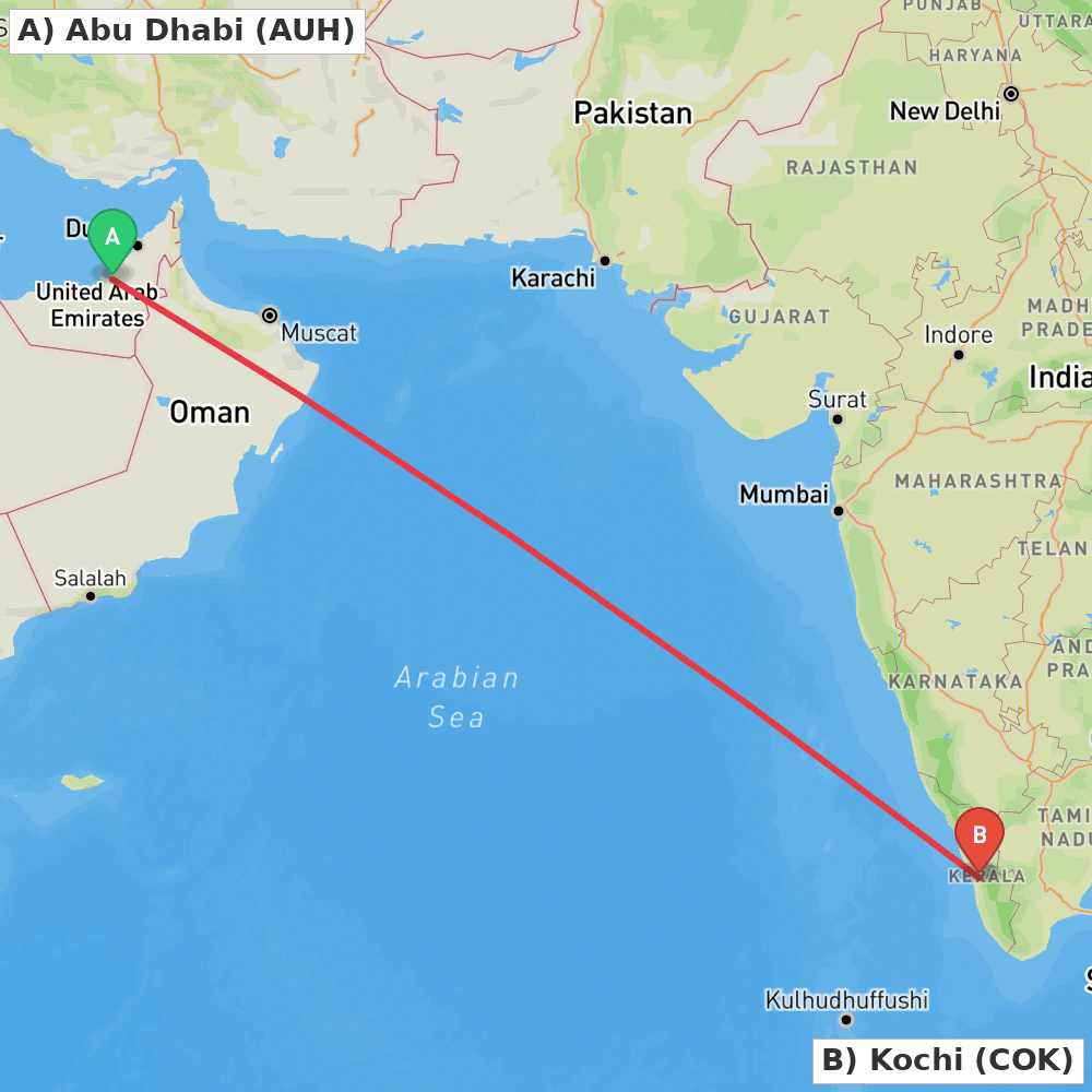 Flight route map from Abu Dhabi to Kochi