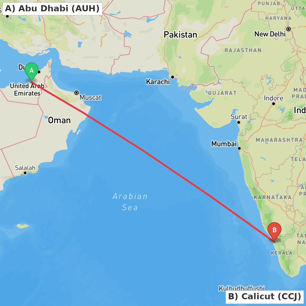 Flight route map from Abu Dhabi to Calicut