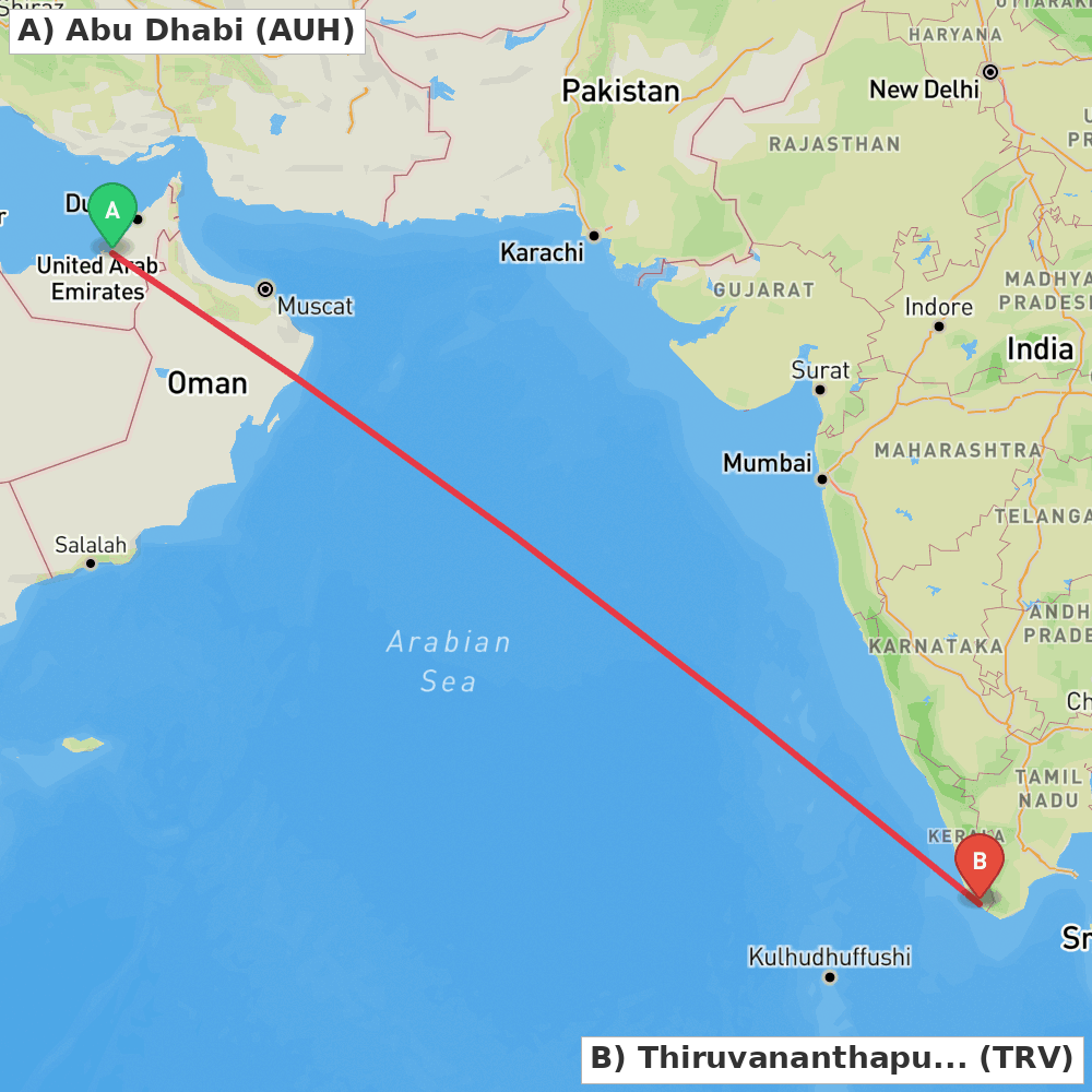 Flight route map from Abu Dhabi to Thiruvananthapuram