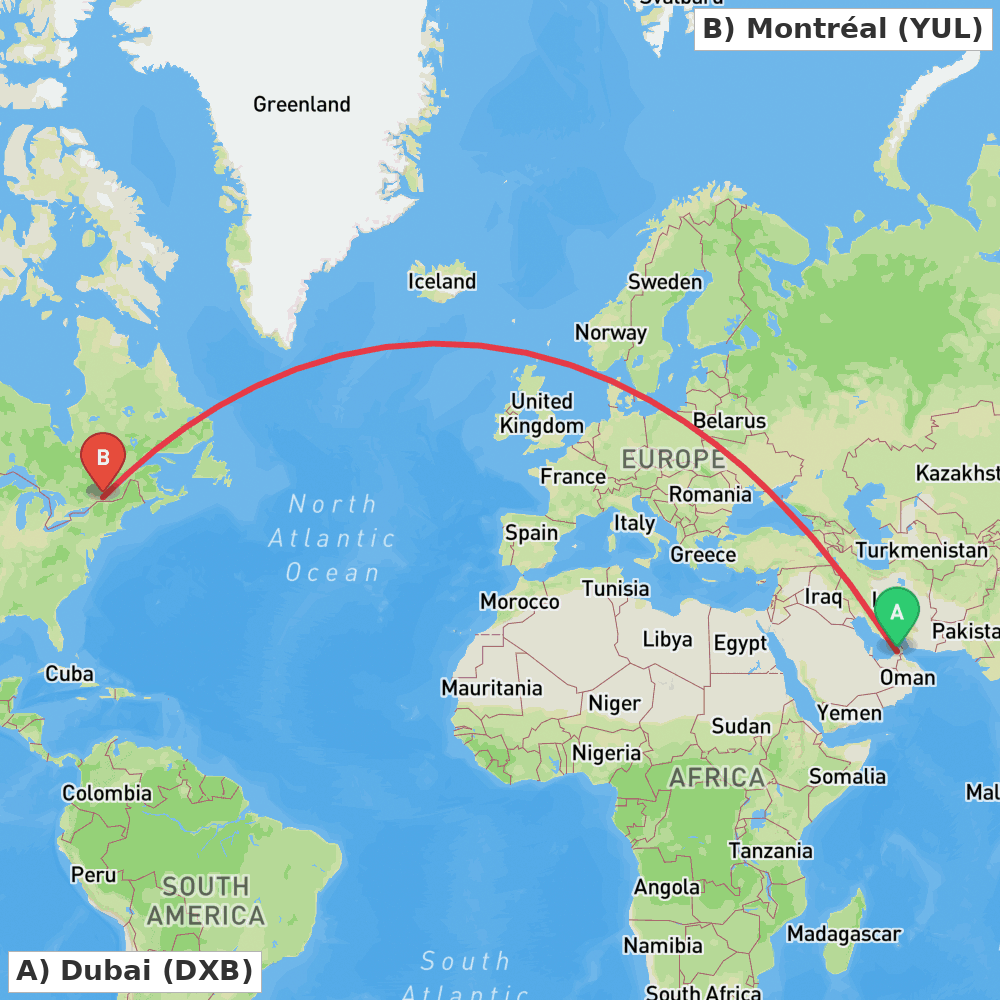 Flight route map from Dubai to Montréal