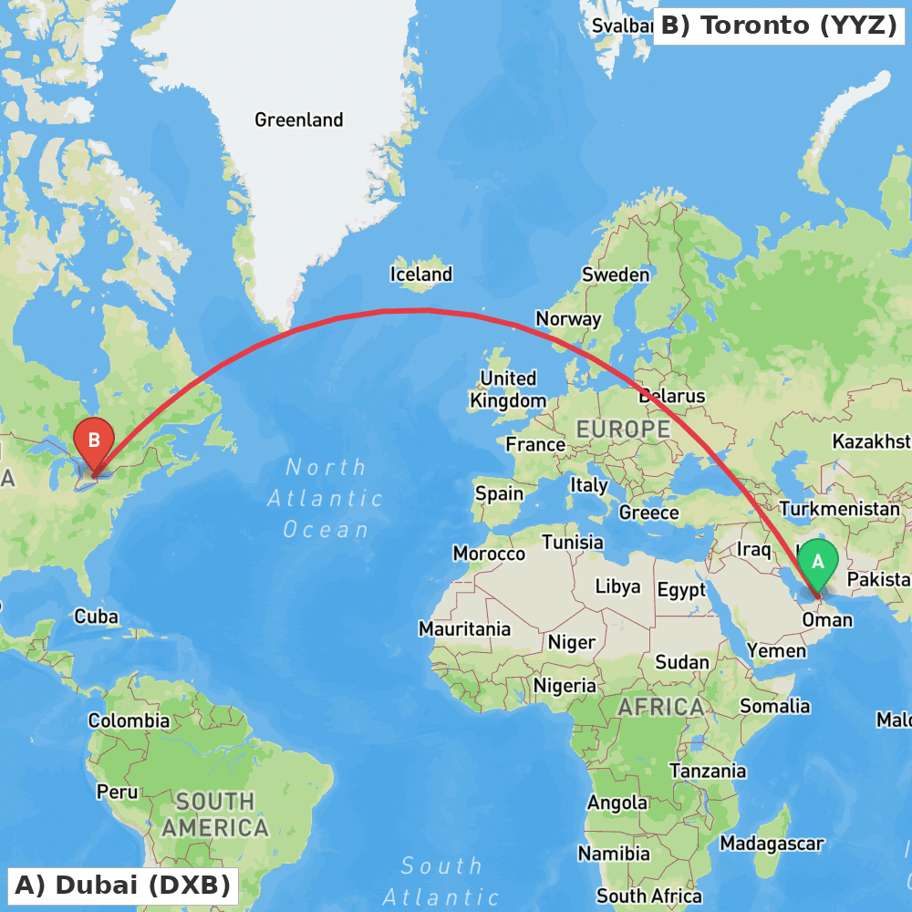 Flight route map from Dubai to Toronto