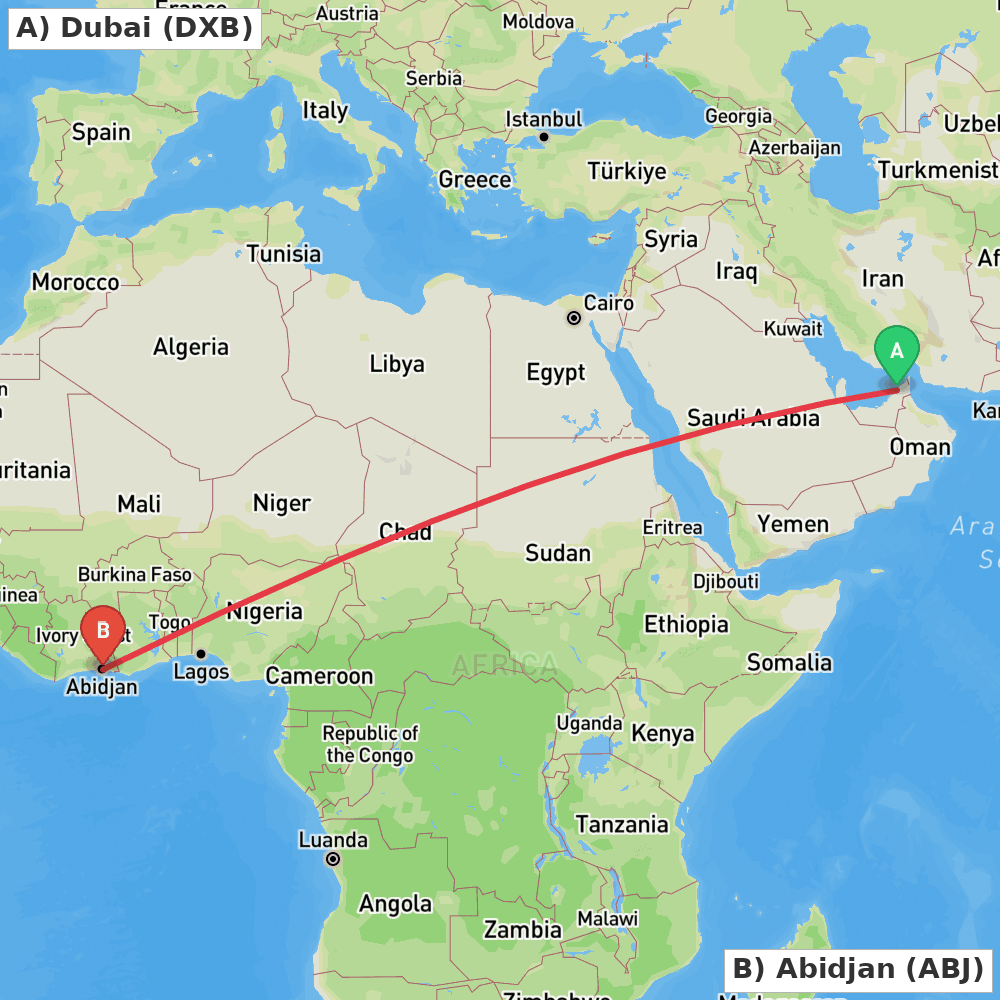 Flight route map from Dubai to Abidjan