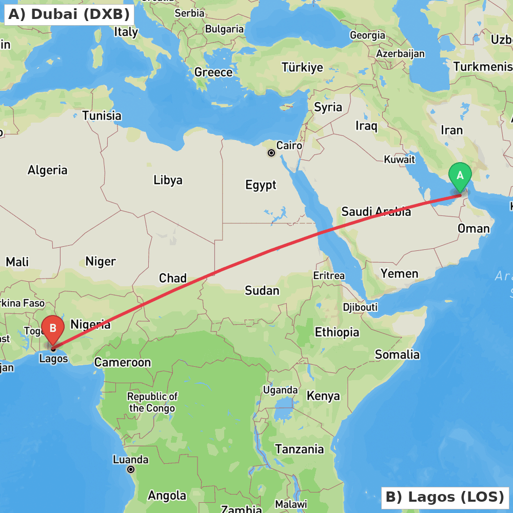 Flight route map from Dubai to Lagos