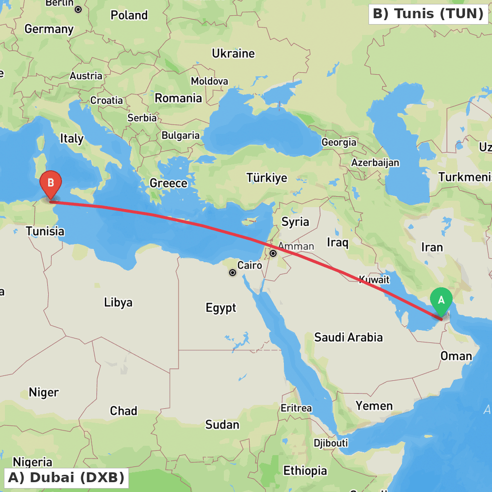 Flight route map from Dubai to Tunis
