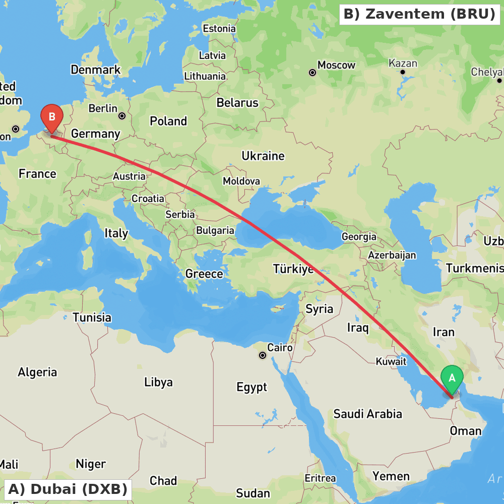 Flight route map from Dubai to Zaventem