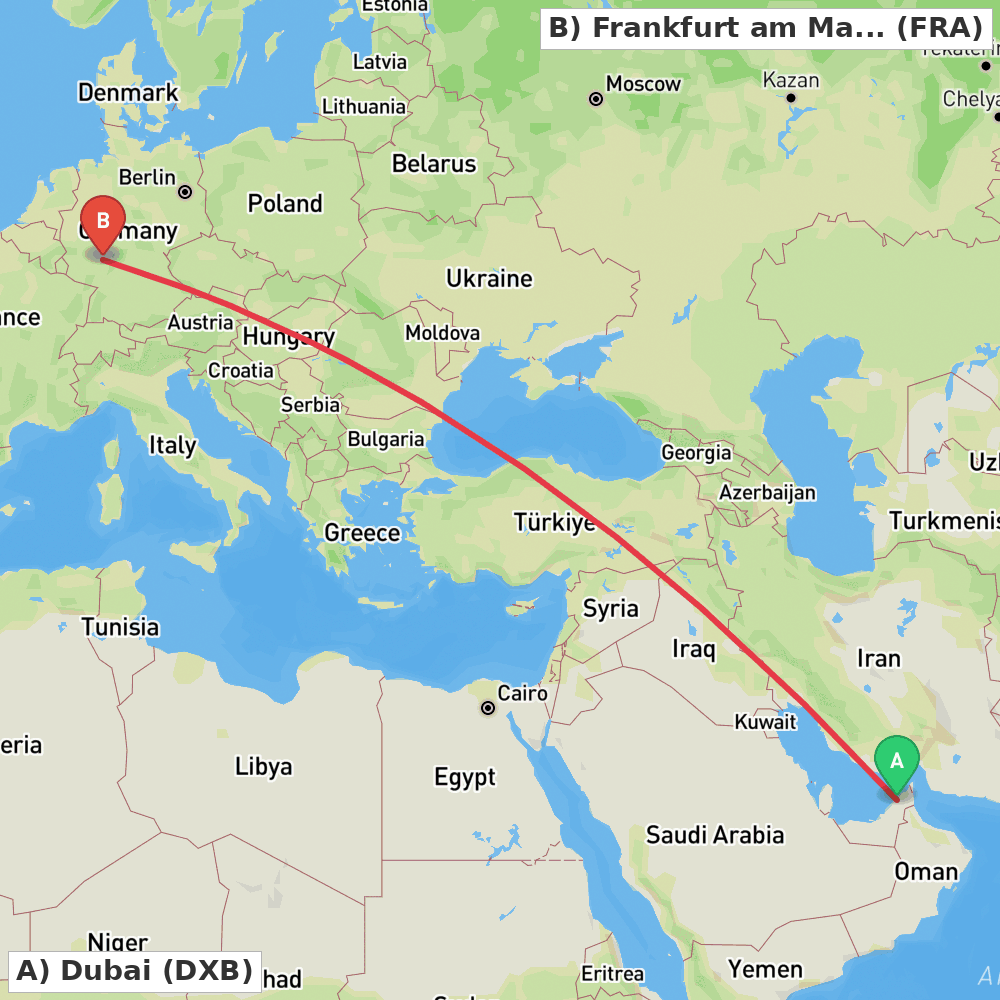 Flight route map from Dubai to Frankfurt am Main