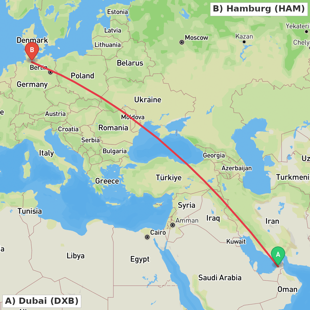Flight route map from Dubai to Hamburg