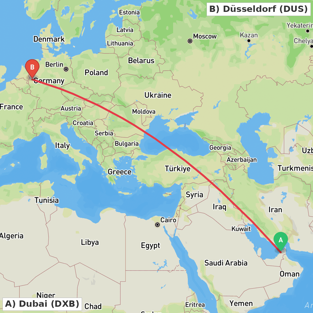 Flight route map from Dubai to Düsseldorf