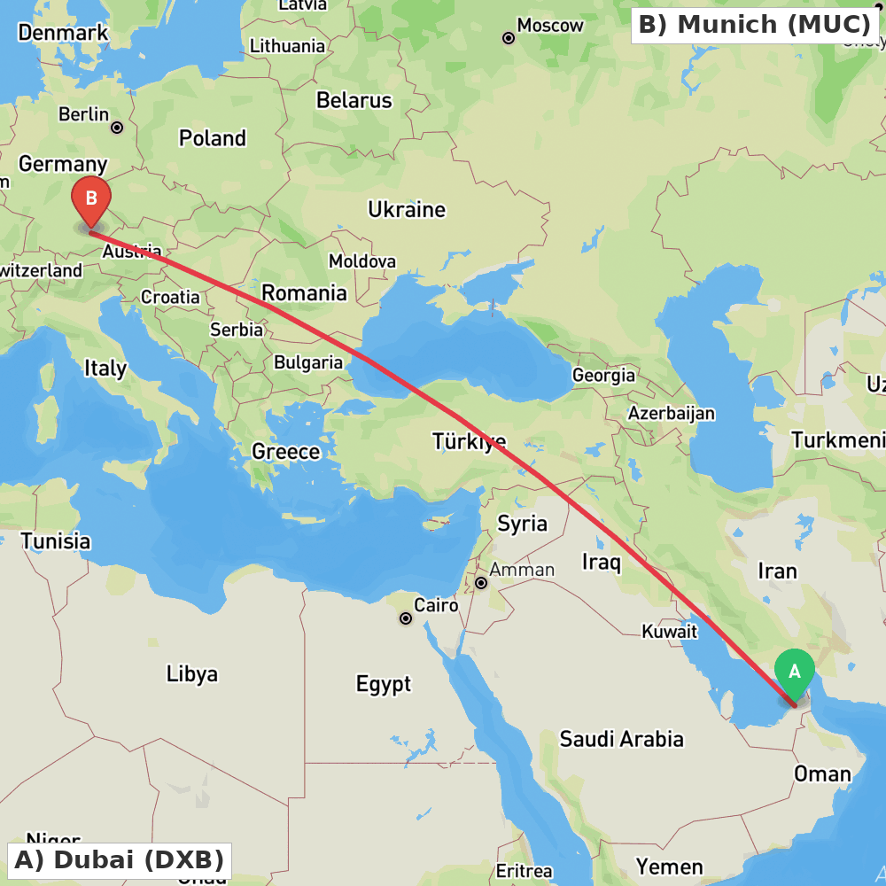 Flight route map from Dubai to Munich