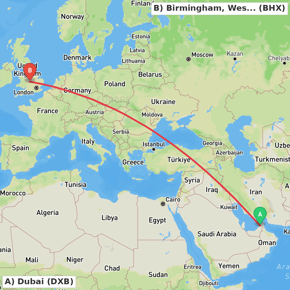 Flight route map from Dubai to Birmingham, West Midlands