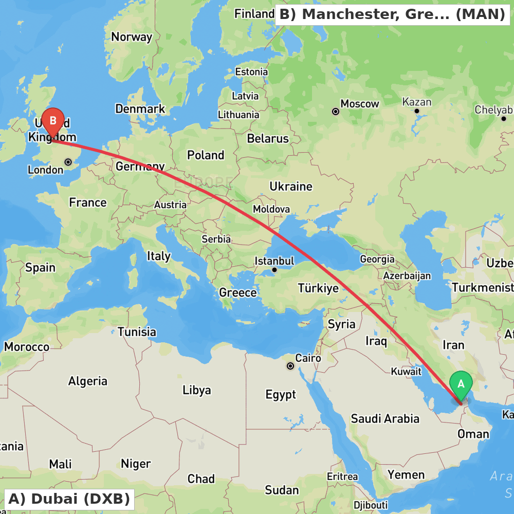 Flight route map from Dubai to Manchester, Greater Manchester
