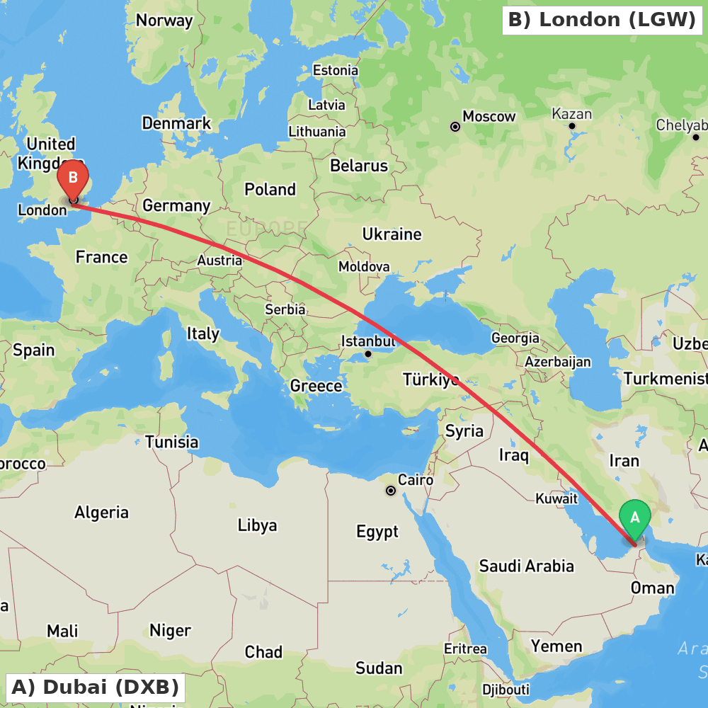 Flight route map from Dubai to London