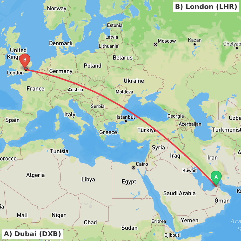 Flight route map from Dubai to London