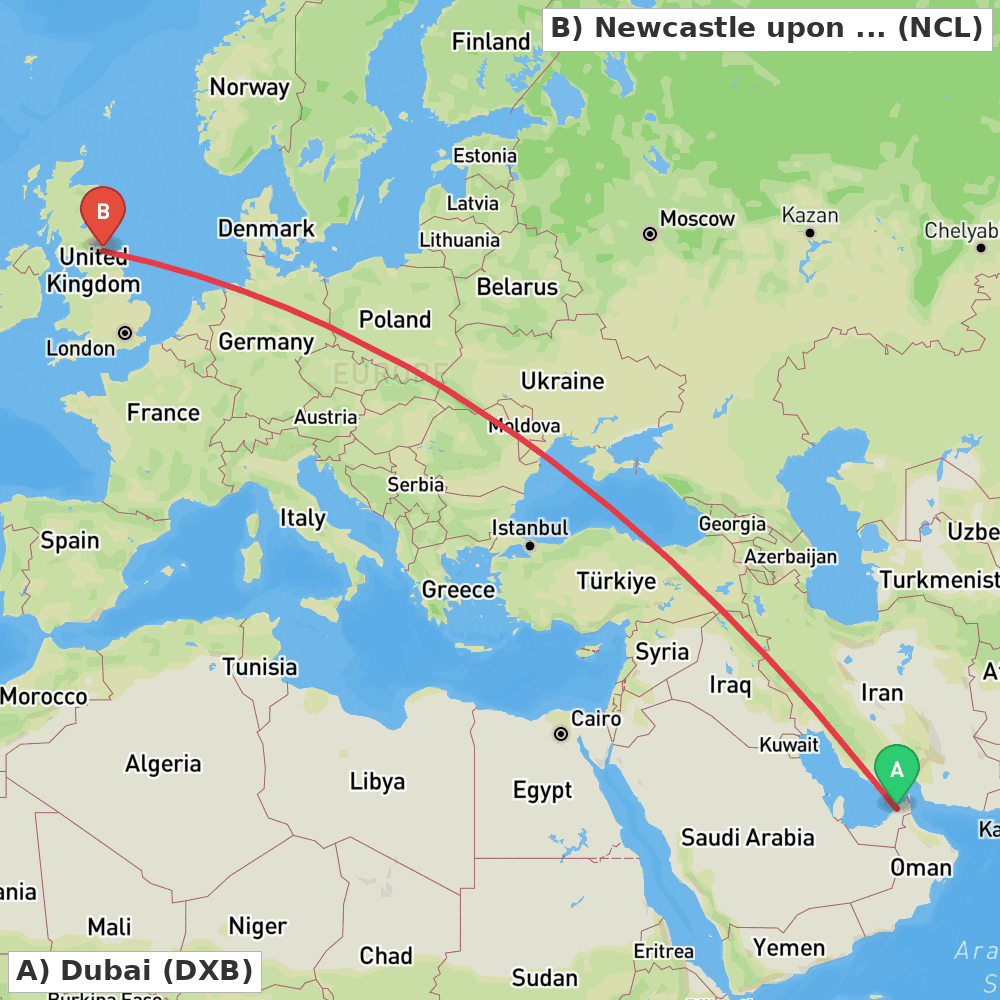 Flight route map from Dubai to Newcastle upon Tyne, Tyne and Wear