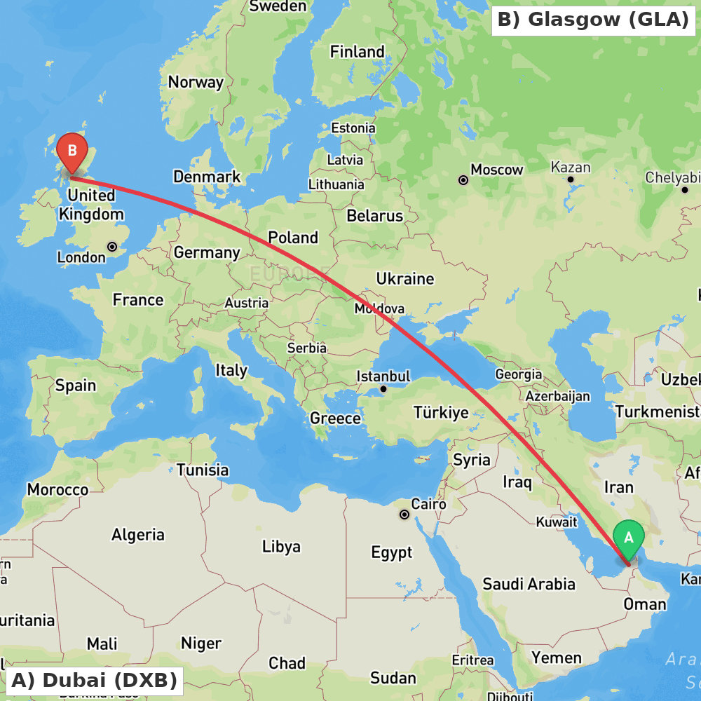 Flight route map from Dubai to Glasgow