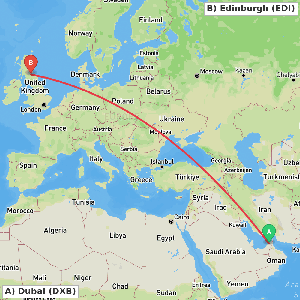 Flight route map from Dubai to Edinburgh