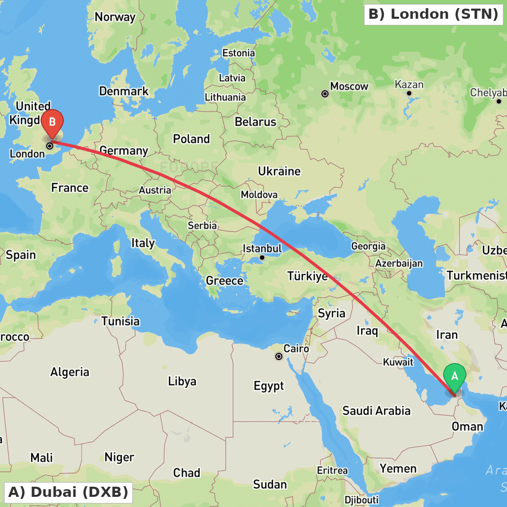 Flight route map from Dubai to London