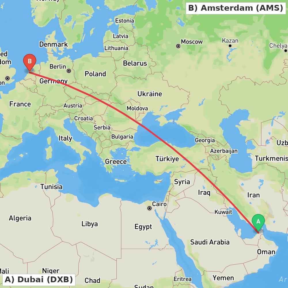 Flight route map from Dubai to Amsterdam
