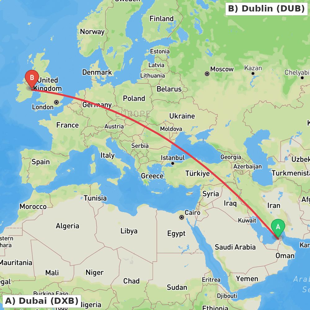Flight route map from Dubai to Dublin
