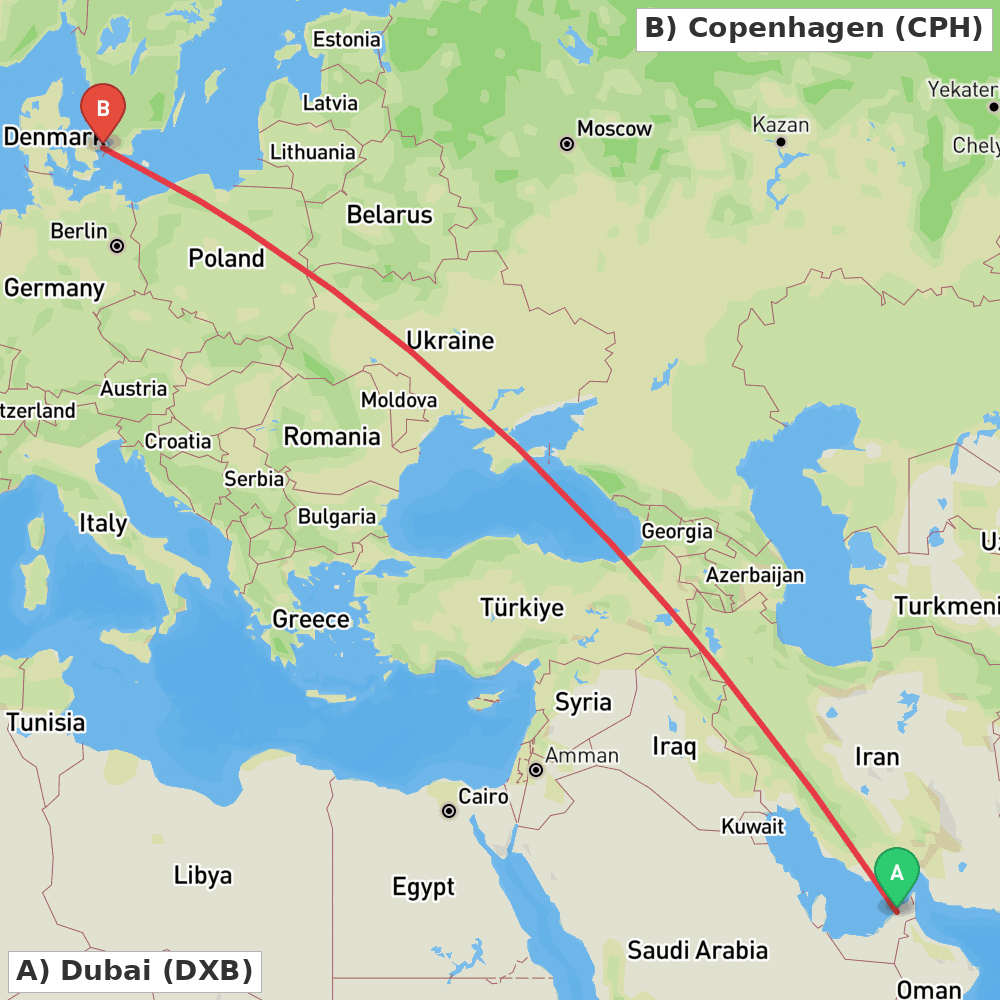 Flight route map from Dubai to Copenhagen