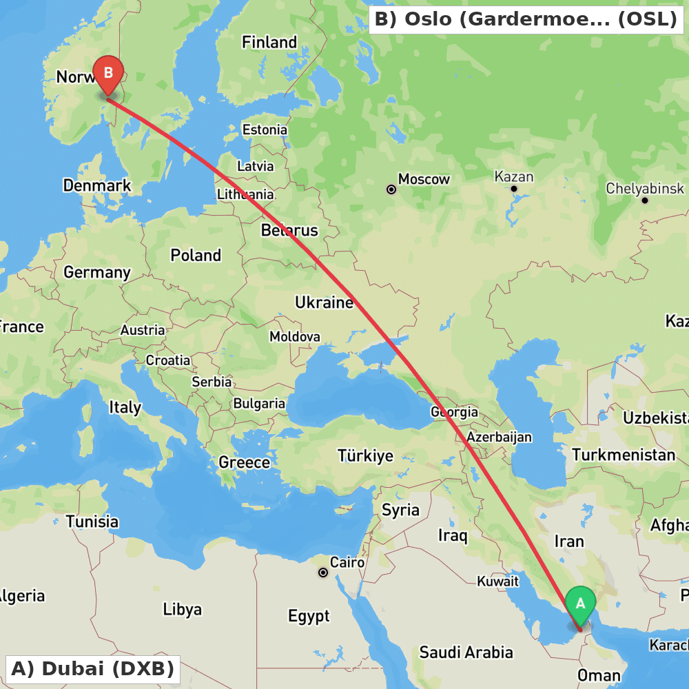 Flight route map from Dubai to Oslo (Gardermoen)