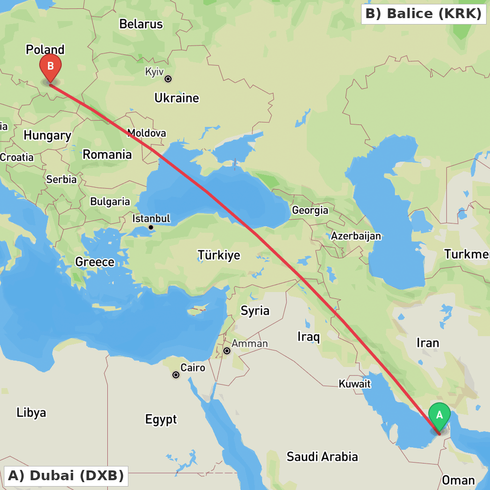 Flight route map from Dubai to Balice