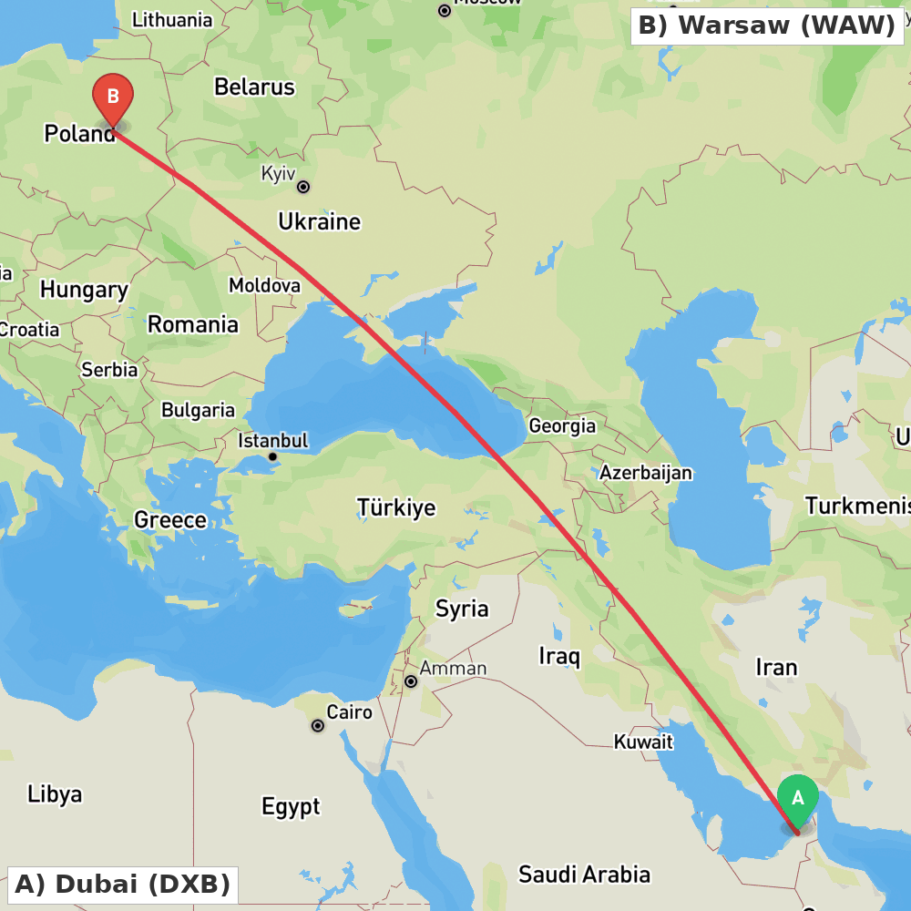 Flight route map from Dubai to Warsaw