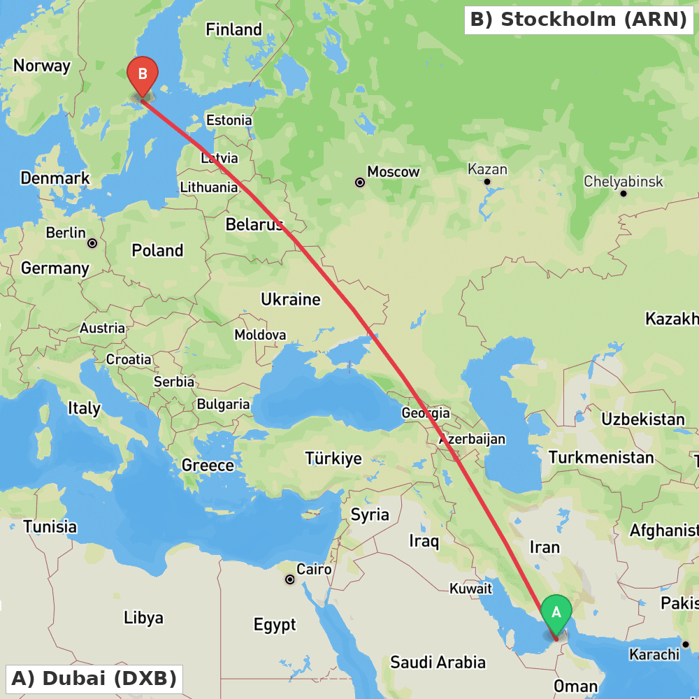 Flight route map from Dubai to Stockholm