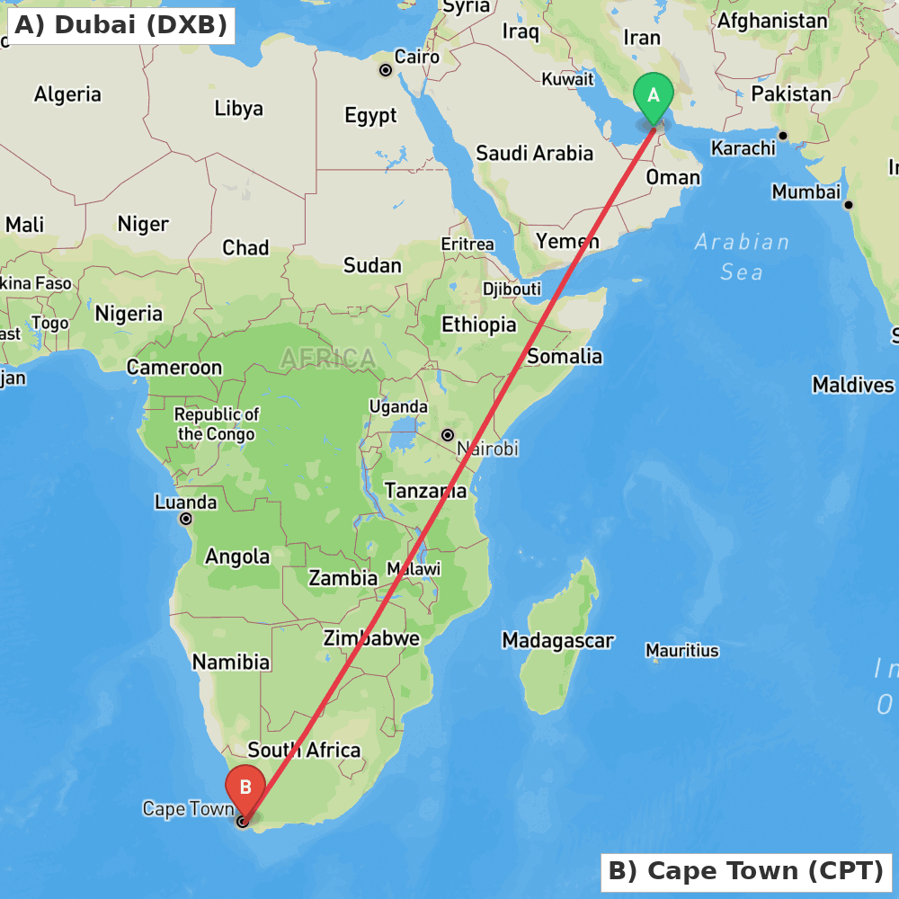 Flight route map from Dubai to Cape Town