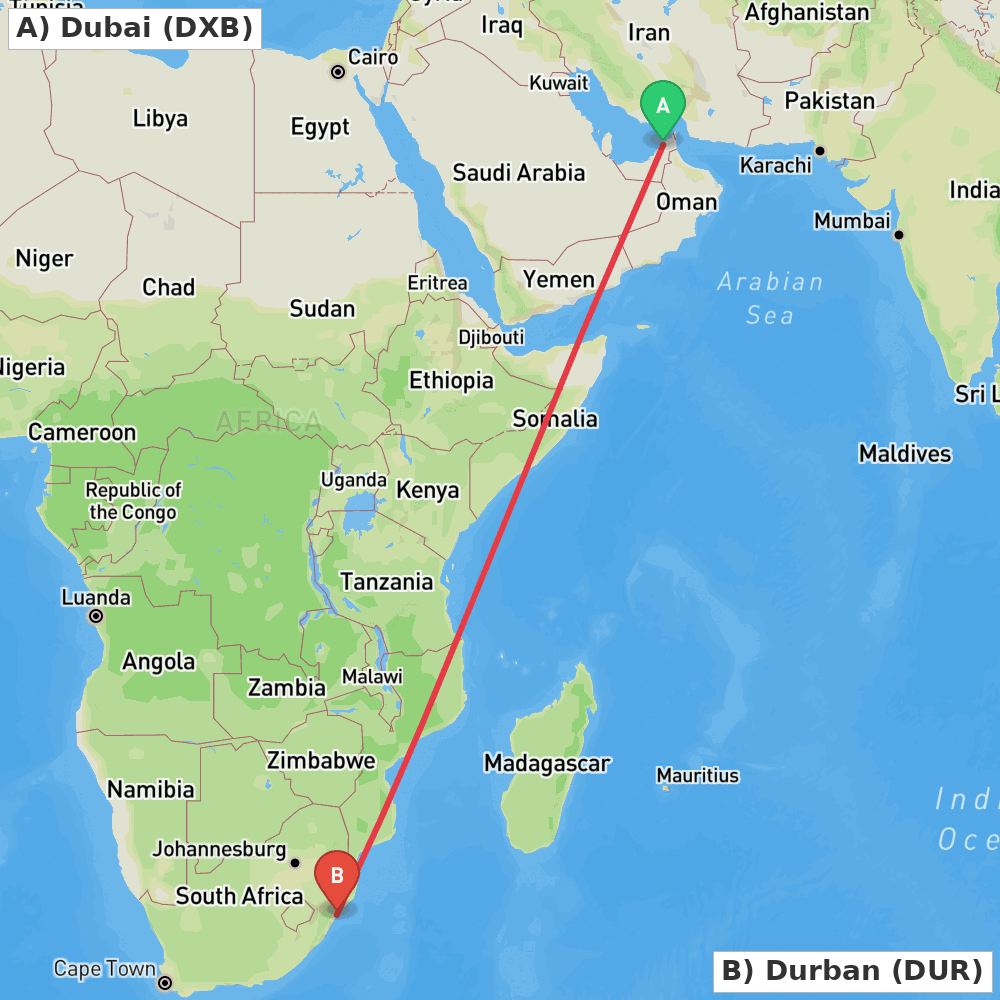 Flight route map from Dubai to Durban