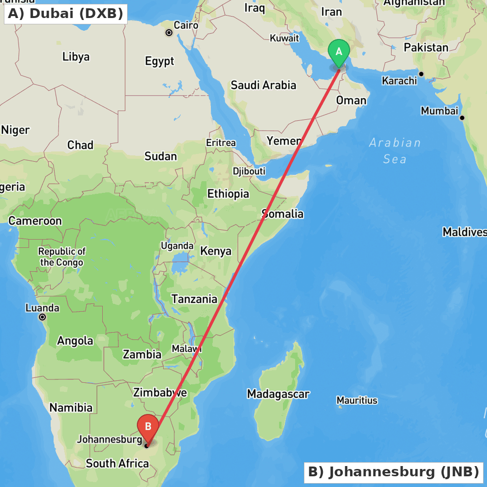 Flight route map from Dubai to Johannesburg