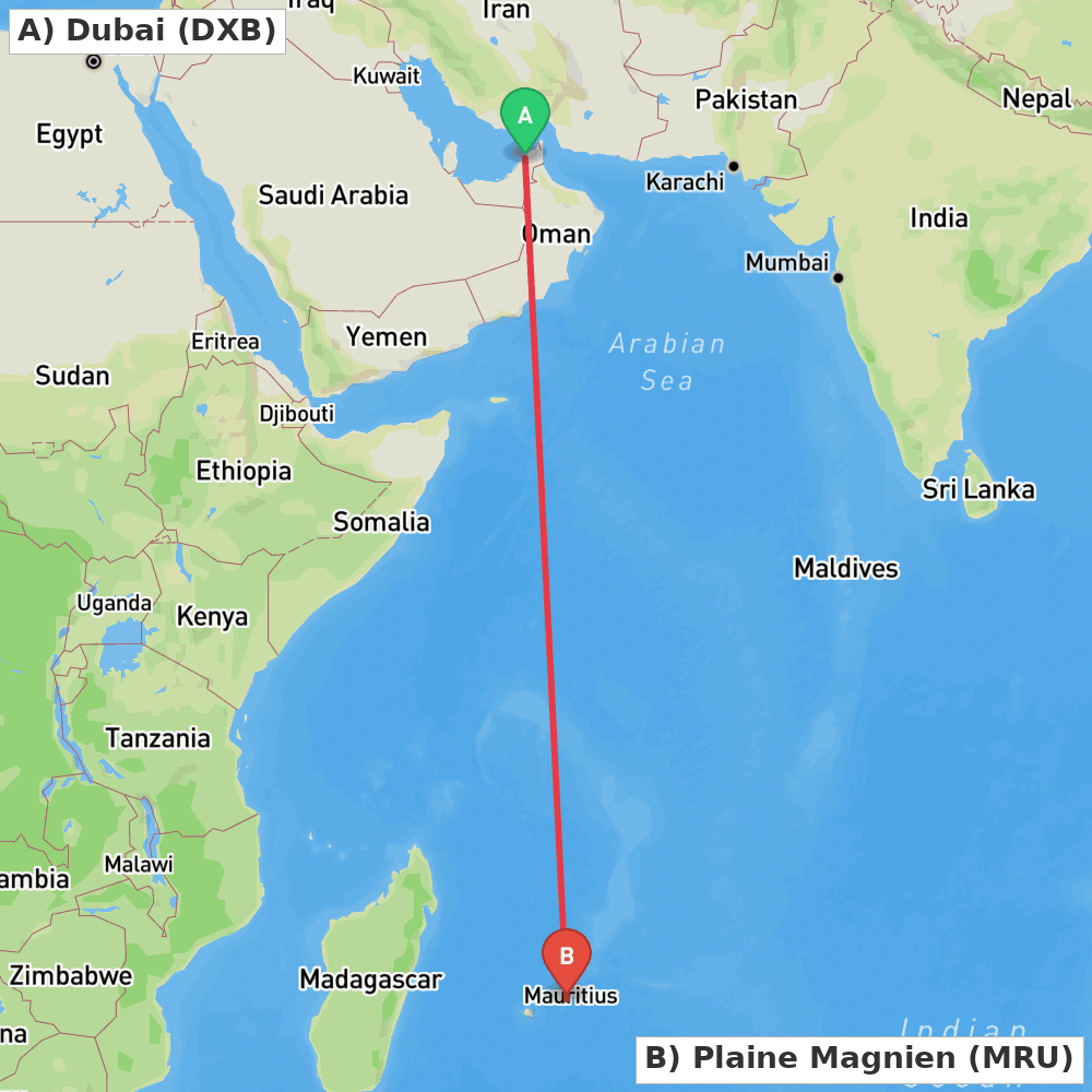 Flight route map from Dubai to Plaine Magnien