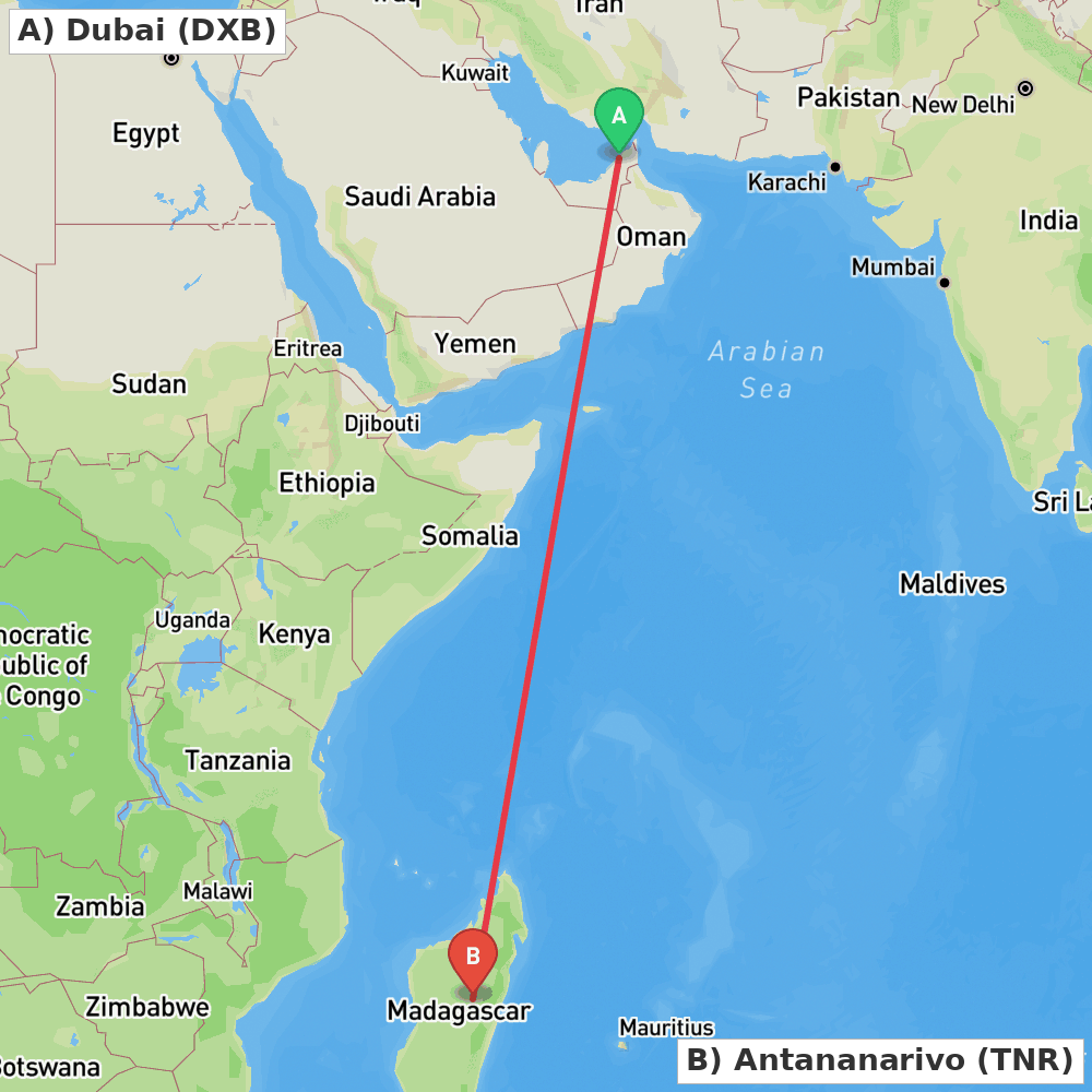 Flight route map from Dubai to Antananarivo