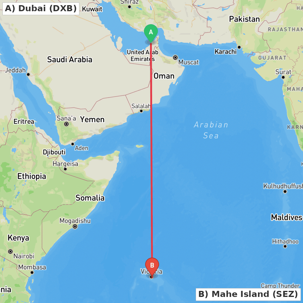 Flight route map from Dubai to Mahe Island