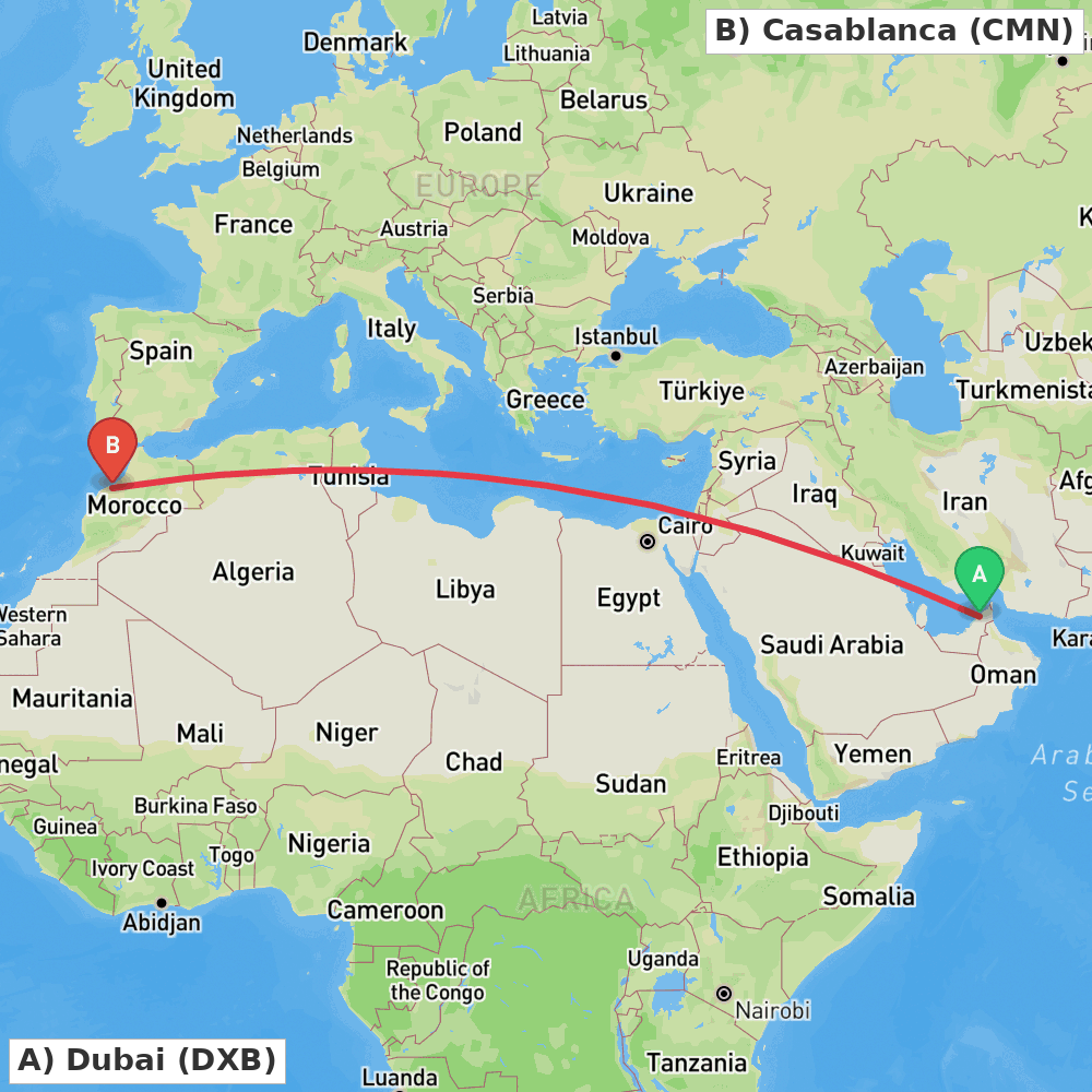 Flight route map from Dubai to Casablanca