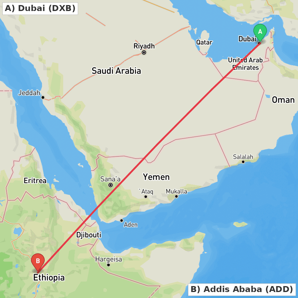 Flight route map from Dubai to Addis Ababa