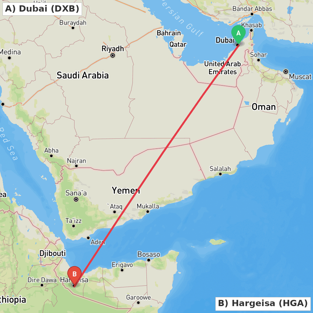 Flight route map from Dubai to Hargeisa