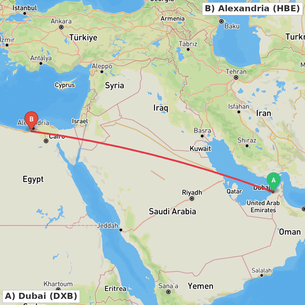 Flight route map from Dubai to Alexandria