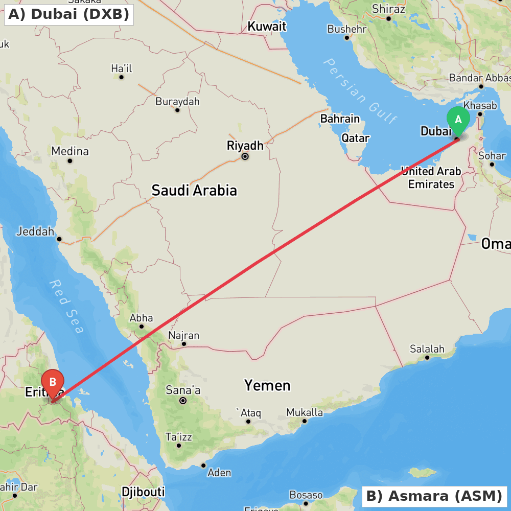 Flight route map from Dubai to Asmara