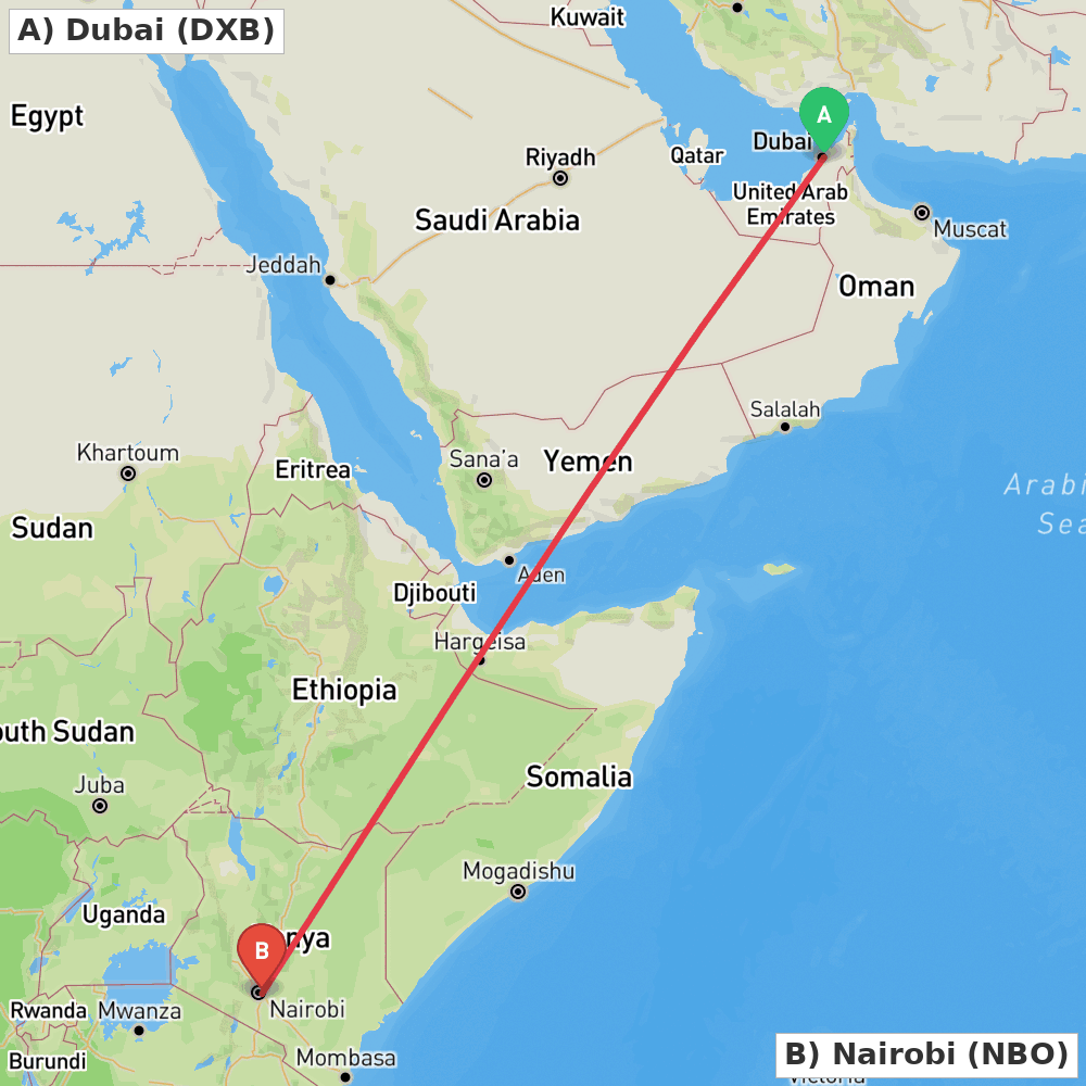 Flight route map from Dubai to Nairobi